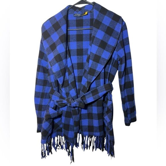 POLO RALPH LAUREN | Blue&Black Checkered Fringe Hem Belted Jacket - Picture 4 of 13